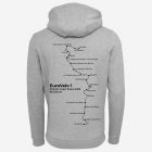 custom grey hoodie featuring a personalized cycling route itinerary, unique EuroVelo travel keepsake and thoughtful gift for cyclists