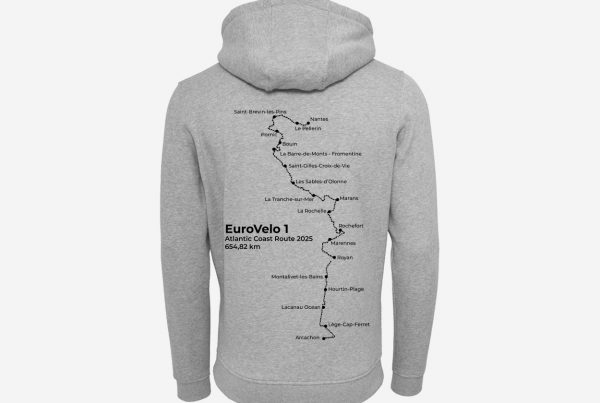 custom grey hoodie featuring a personalized cycling route itinerary, unique EuroVelo travel keepsake and thoughtful gift for cyclists