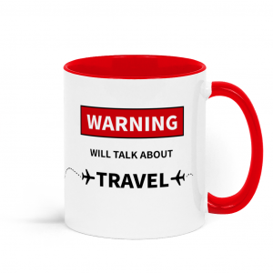 red and white travel themed mug
