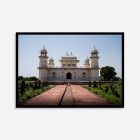 Elegant wall art print of Agra’s Baby Taj, featuring intricate white marble Mughal architecture, delicate inlay work, and historic garden setting in soft tones