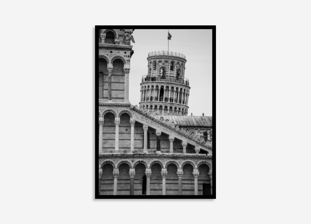 Black framed wall art featuring the Leaning Tower of Pisa in Italy