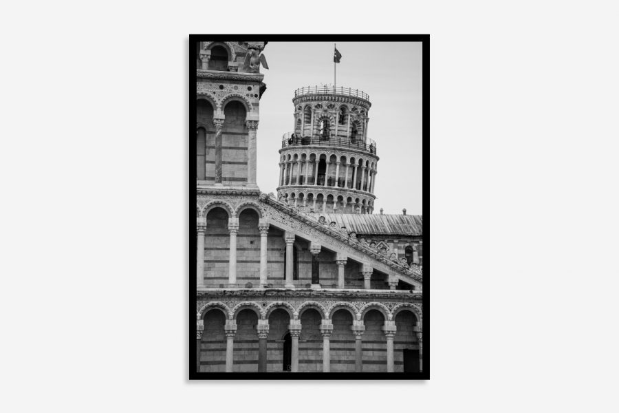 Black framed wall art featuring the Leaning Tower of Pisa in Italy