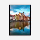 Colorful unframed wall art of Gdansk’s Motlawa River and Old Town skyline in Poland, showcasing vibrant reflections and historic architecture in bright hues.