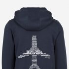 Blue word cloud hoodie featuring country names in the shape of an airplane – unique travel keepsake and gift for travelers