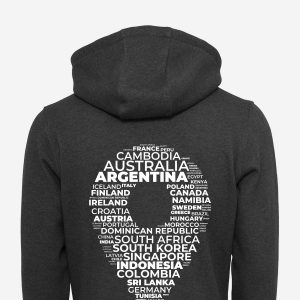 Map pin grey word cloud hoodie featuring country and place names from around the world – unique travel keepsake and gift for globetrotters