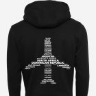 Travel keepsake black hoodie with airplane-shaped word cloud of country names – perfect travel gift for globetrotters