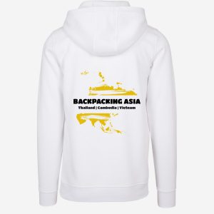 Personalised white hoodie for Asia continent backpacking trip – unique travel keepsake and gift for travelers