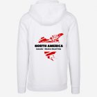 Personalised North America continent adventure travel white hoodie – custom travel keepsake gift for travelers