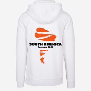 Customised South America continent adventure travel white hoodie for unique travel keepsakes and gifts