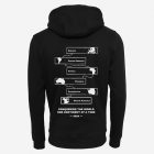 Black hoodie with 7 Continents travel theme, showcasing subtle continent outlines for adventurous travelers