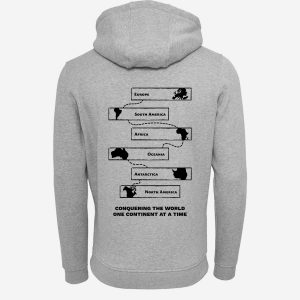 Light grey travel-inspired hoodie designed for those visiting all seven continents, with sleek continent motifs