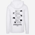 A white 7 Continents Hoodie with a subtle travel motif