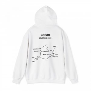 A personalised hoodie of your Japan holiday itinerary, including Osaka, Tokyo and Narra.