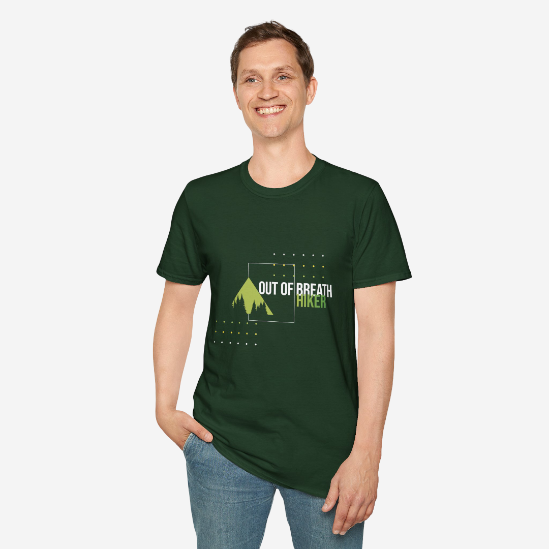 Green t-shirt for hikers with 'Out of breath hiker' text