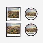 Iron-on or sew-on Cappadocia patch featuring colorful hot air balloons floating over the valley, available in square and circle shapes with or without border — ideal for travel lovers, adventure seekers, and unique apparel decoration.