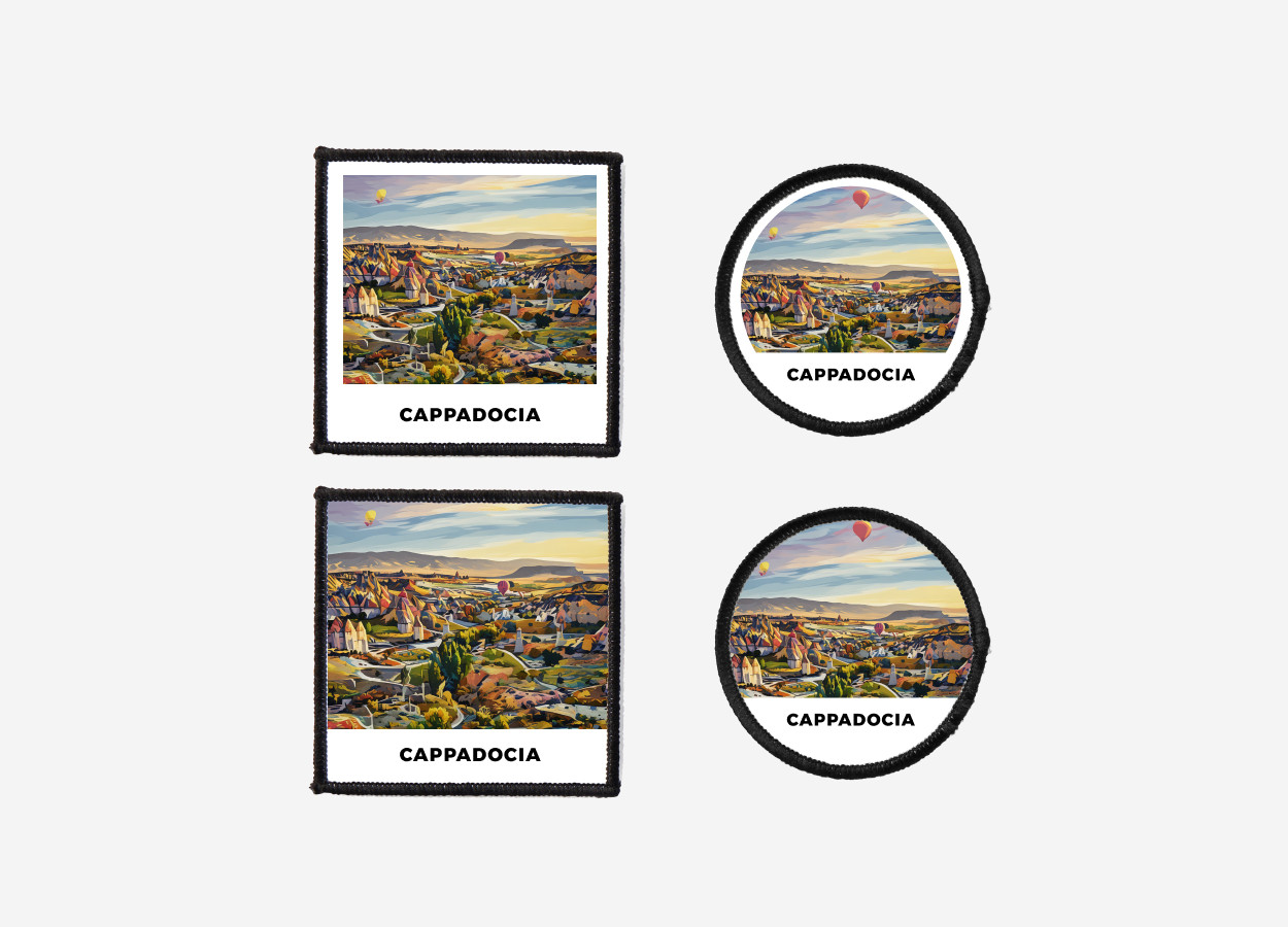 Iron-on or sew-on Cappadocia patch featuring colorful hot air balloons floating over the valley, available in square and circle shapes with or without border — ideal for travel lovers, adventure seekers, and unique apparel decoration.