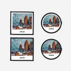 Iron-on or sew-on Chile patch featuring the stunning Torres del Paine National Park landscape, available in square and circle shapes with or without border — perfect for nature lovers, hikers, and outdoor adventure apparel.