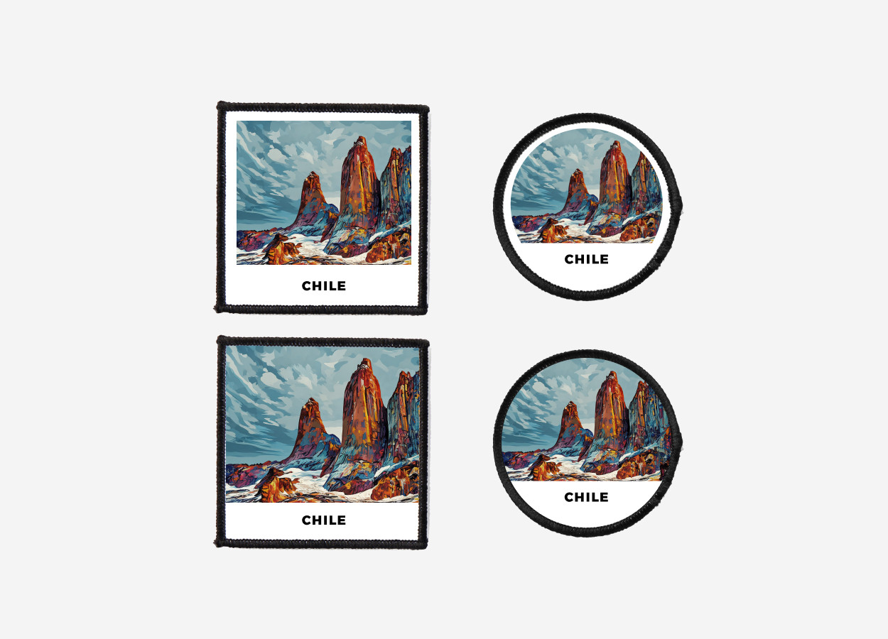 Iron-on or sew-on Chile patch featuring the stunning Torres del Paine National Park landscape, available in square and circle shapes with or without border — perfect for nature lovers, hikers, and outdoor adventure apparel.