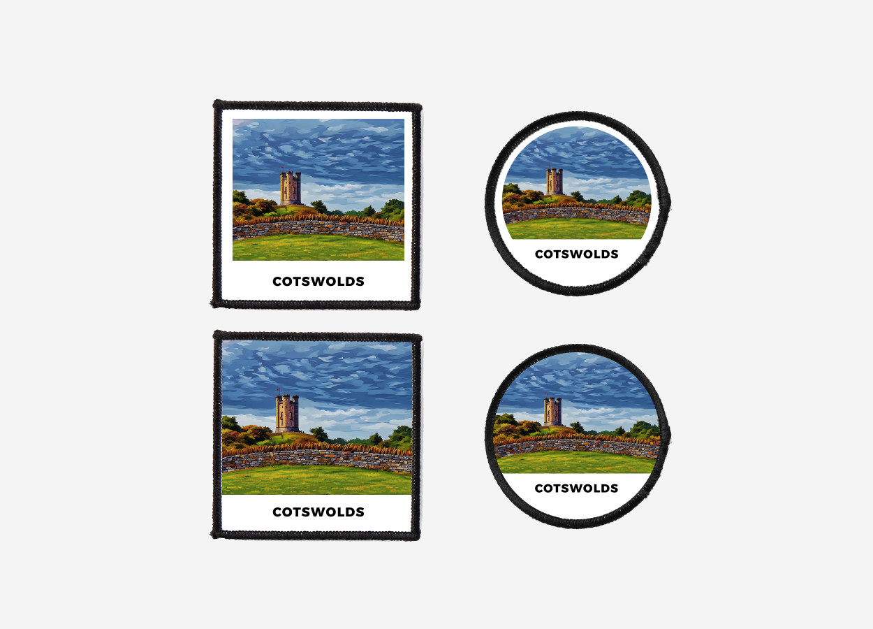 Iron-on or sew-on Cotswolds castle patch showcasing the scenic English countryside, available in square and circle shapes with or without border — perfect for travel enthusiasts, vintage style, and UK-themed fashion accessories.