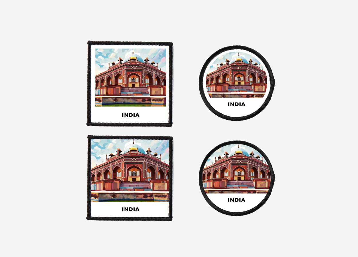 Iron-on or sew-on India patch featuring a historic Humayun’s Tomb in New Delhi with colourful design, available in square and circle shapes with or without border — perfect for cultural fashion, travel collections, and embroidered accessories.