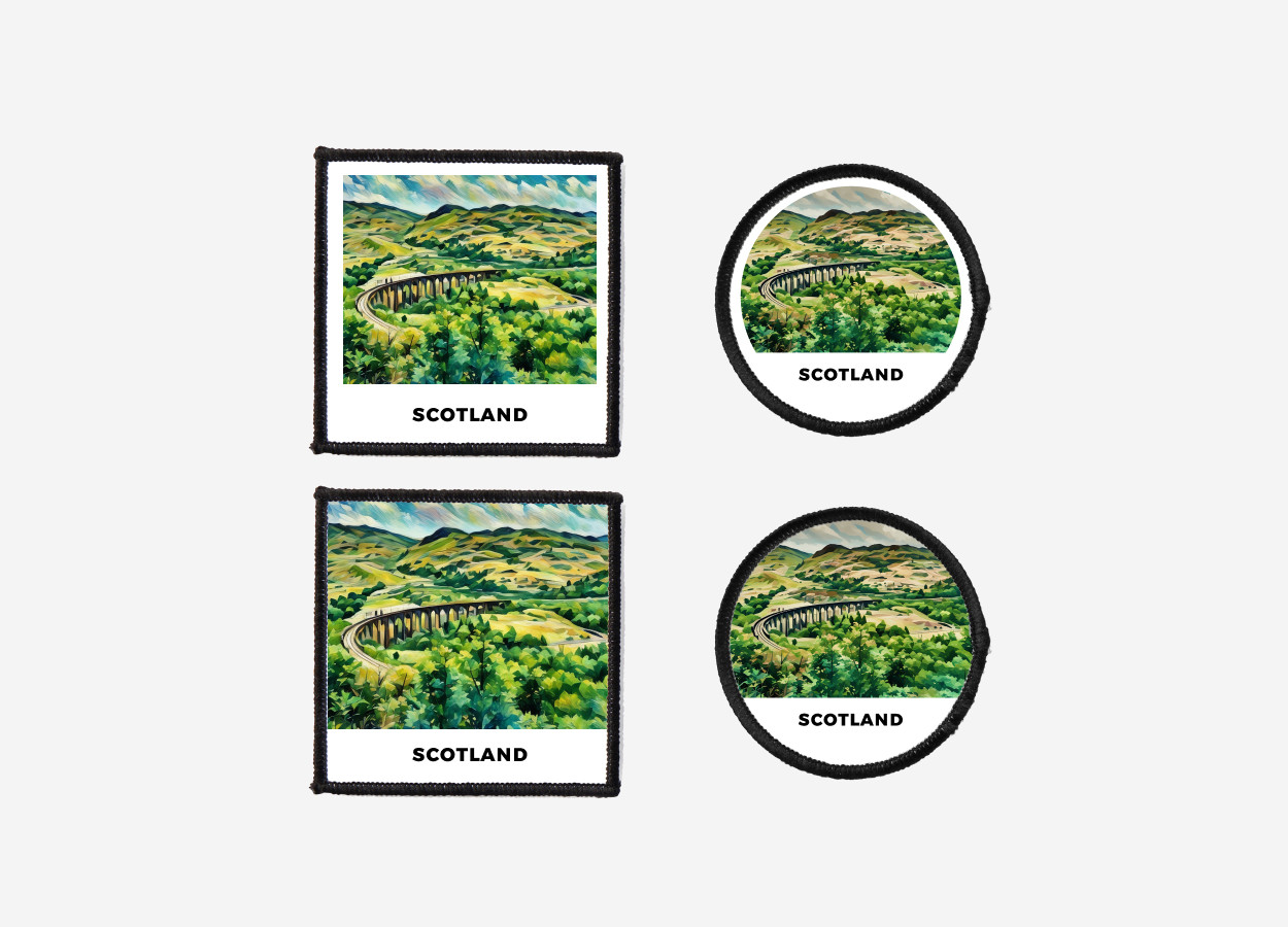 Iron-on or sew-on Scotland Highlands patch featuring the iconic train bridge, available in square and circle shapes with or without border — perfect for fans, travelers, and unique fashion customization.