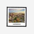 Colorful Cappadocia hot air balloon square patch featuring vibrant sky and landscape design for iron-on or sew-on clothing