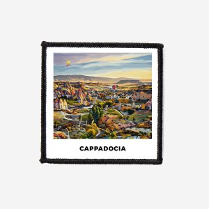 Colorful Cappadocia hot air balloon square patch featuring vibrant sky and landscape design for iron-on or sew-on clothing