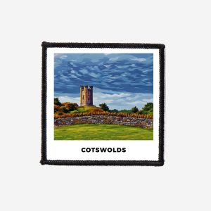 Scenic Cotswolds Broadway Towers square patch featuring English countryside landscape design for iron-on or sew-on use