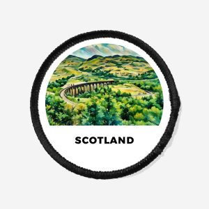 black travel iron on patch of scotish highlands train line