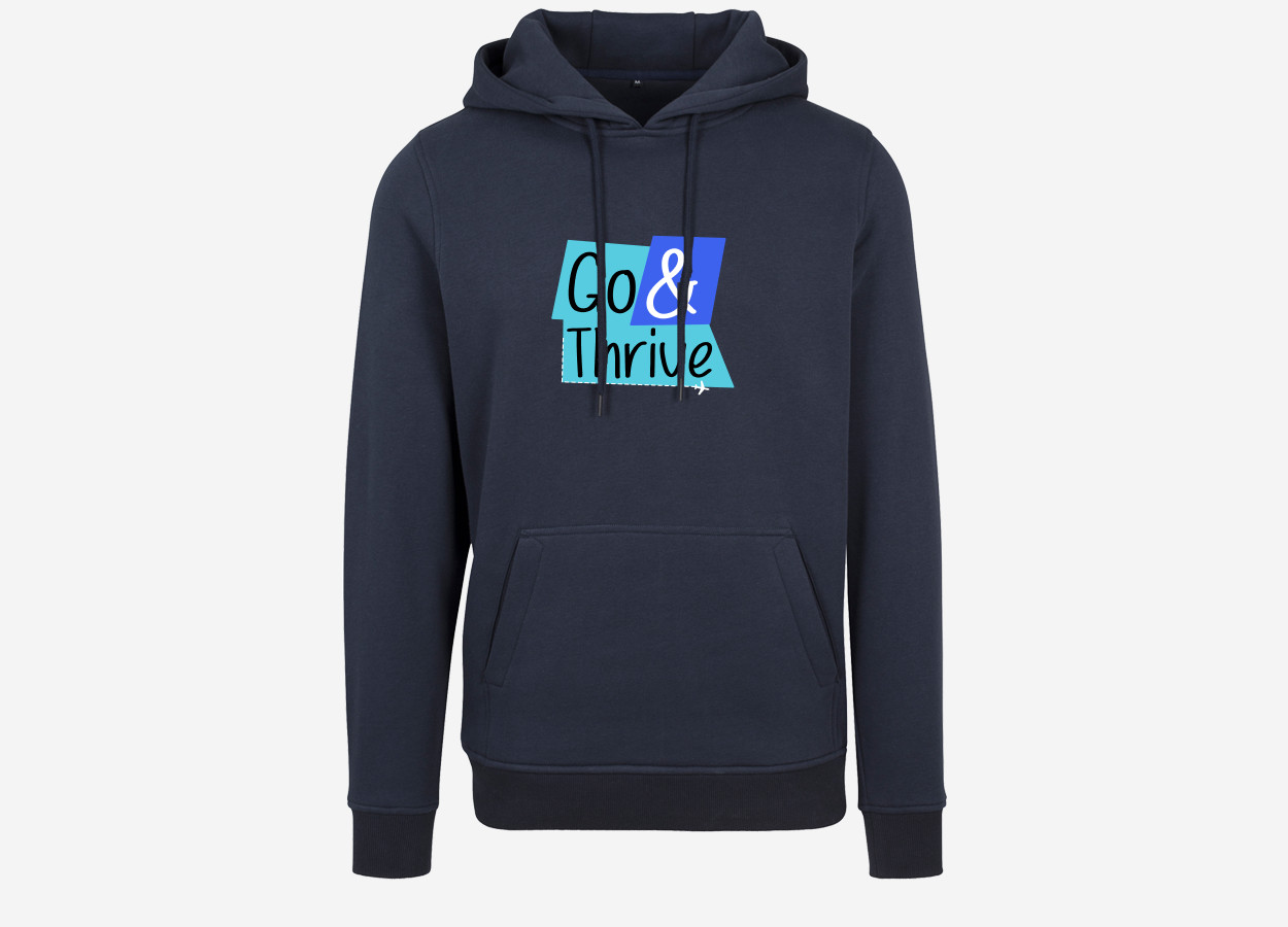 travel hoodie with bold typography text navy